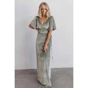 Velvet Flutter Sleeve Wrap Dress in Sage